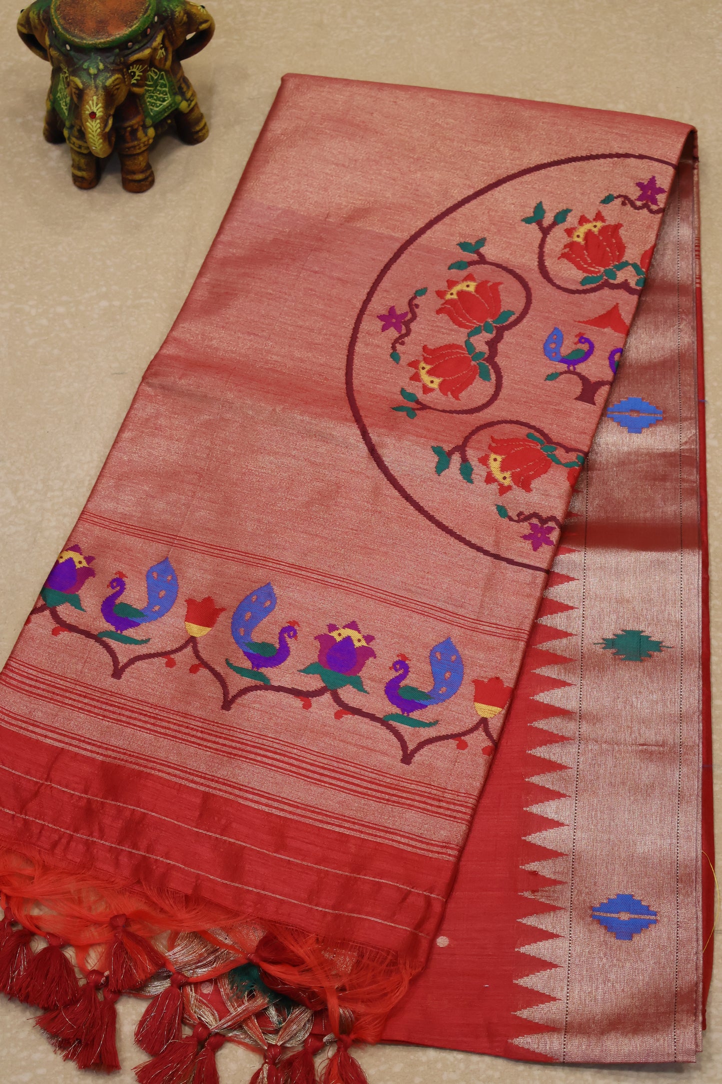 Semi Raw Silk Saree -Red Paithani