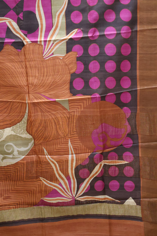 Pure Tussar Saree -Choco Brown Round Pattern