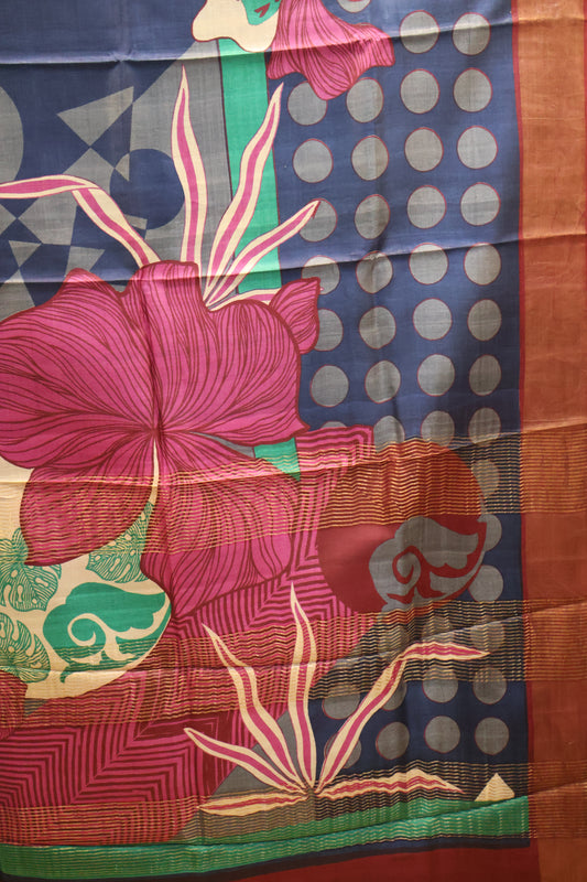 Pure Tussar Saree -Blue Round Pattern