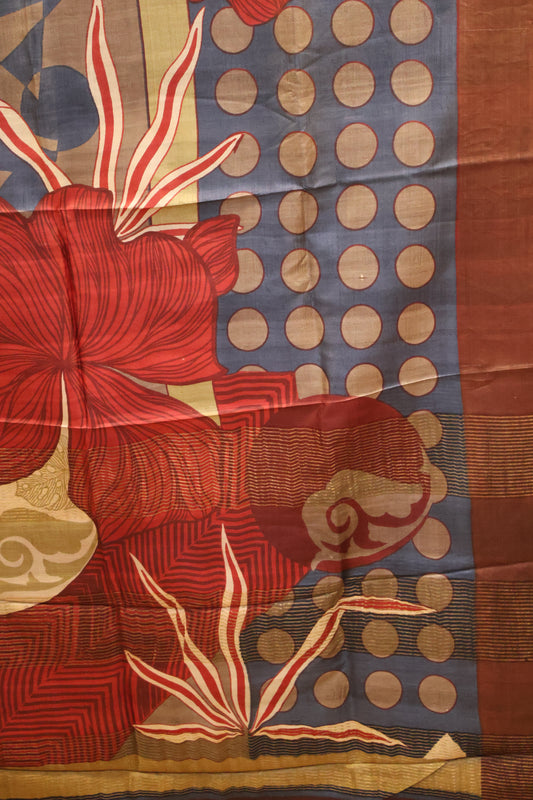 Pure Tussar Saree -Grey Round Pattern