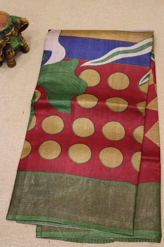 Pure Tussar Saree -Red Round Pattern