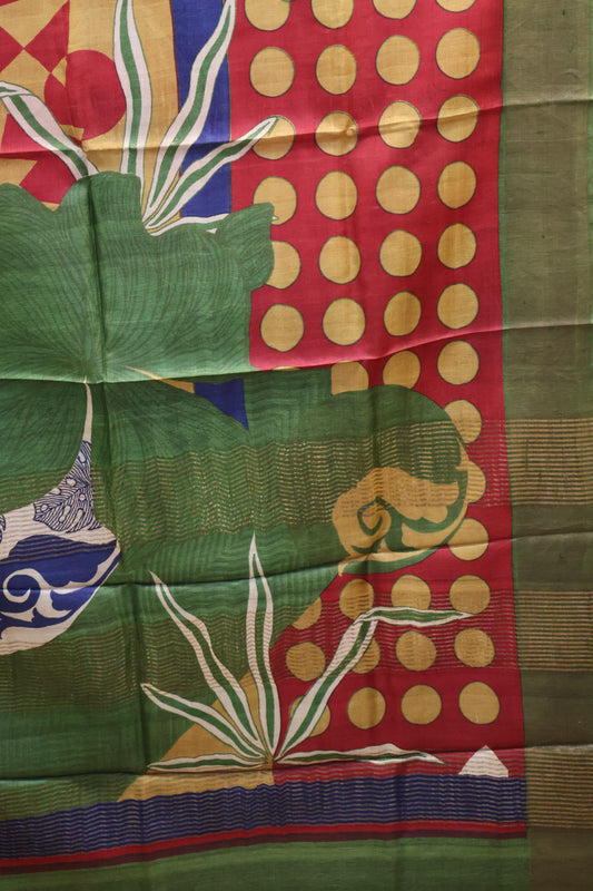 Pure Tussar Saree -Red Round Pattern