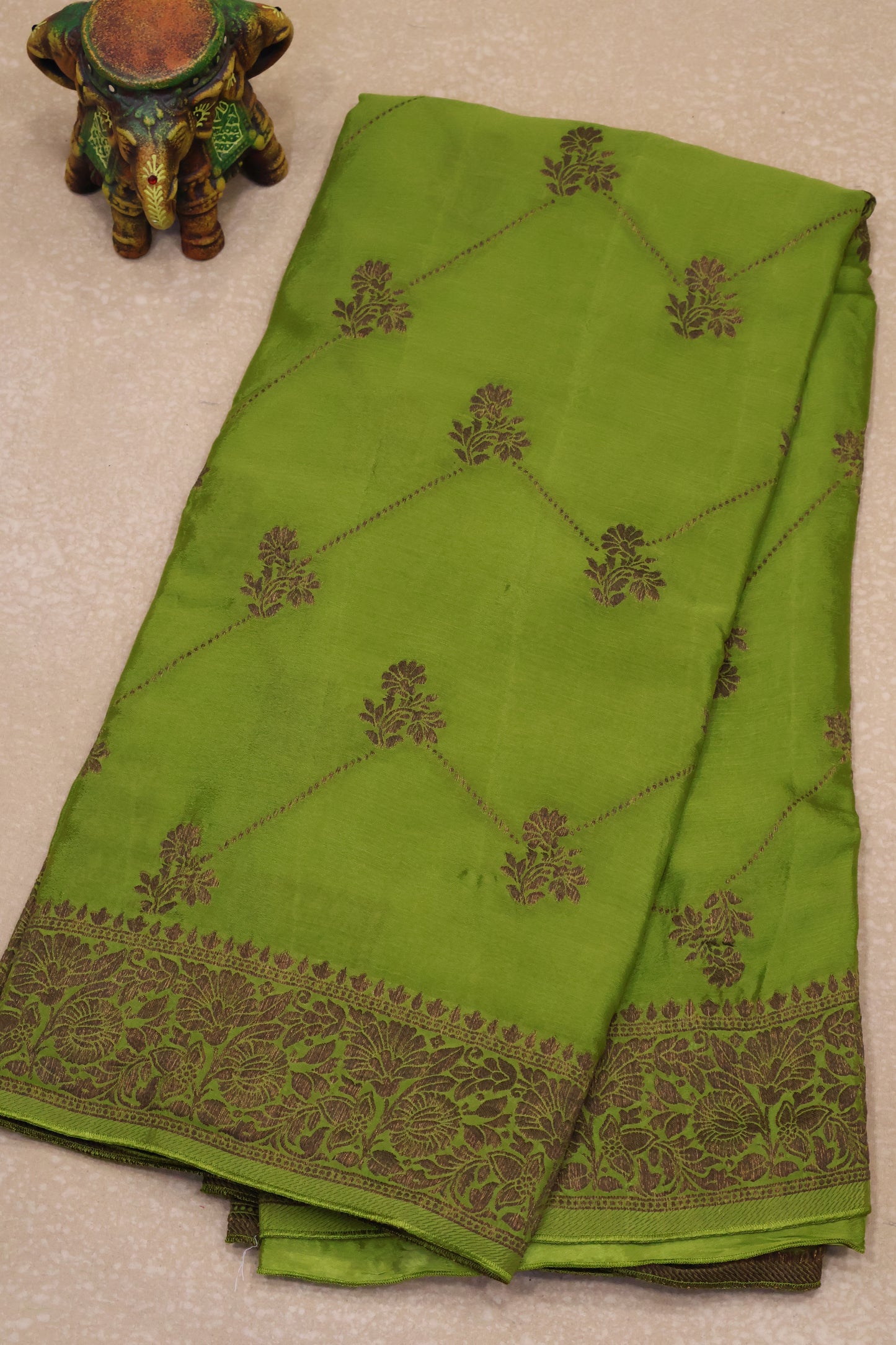 Banarasi Crepe Saree-Olive Green Zig Zag Flower Border