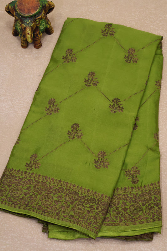 Banarasi Crepe Saree-Olive Green Zig Zag Flower Border