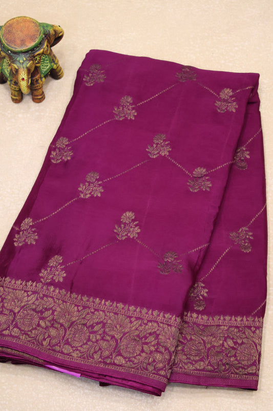 Banarasi Crepe Saree-Wine Zig Zag Flower Border