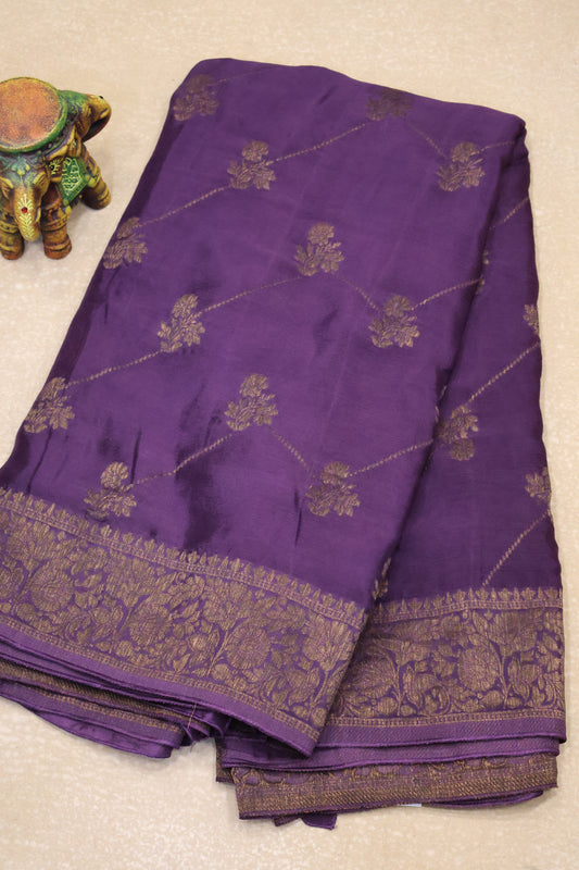 Banarasi Crepe Saree- Purple Zig Zag Flower Border