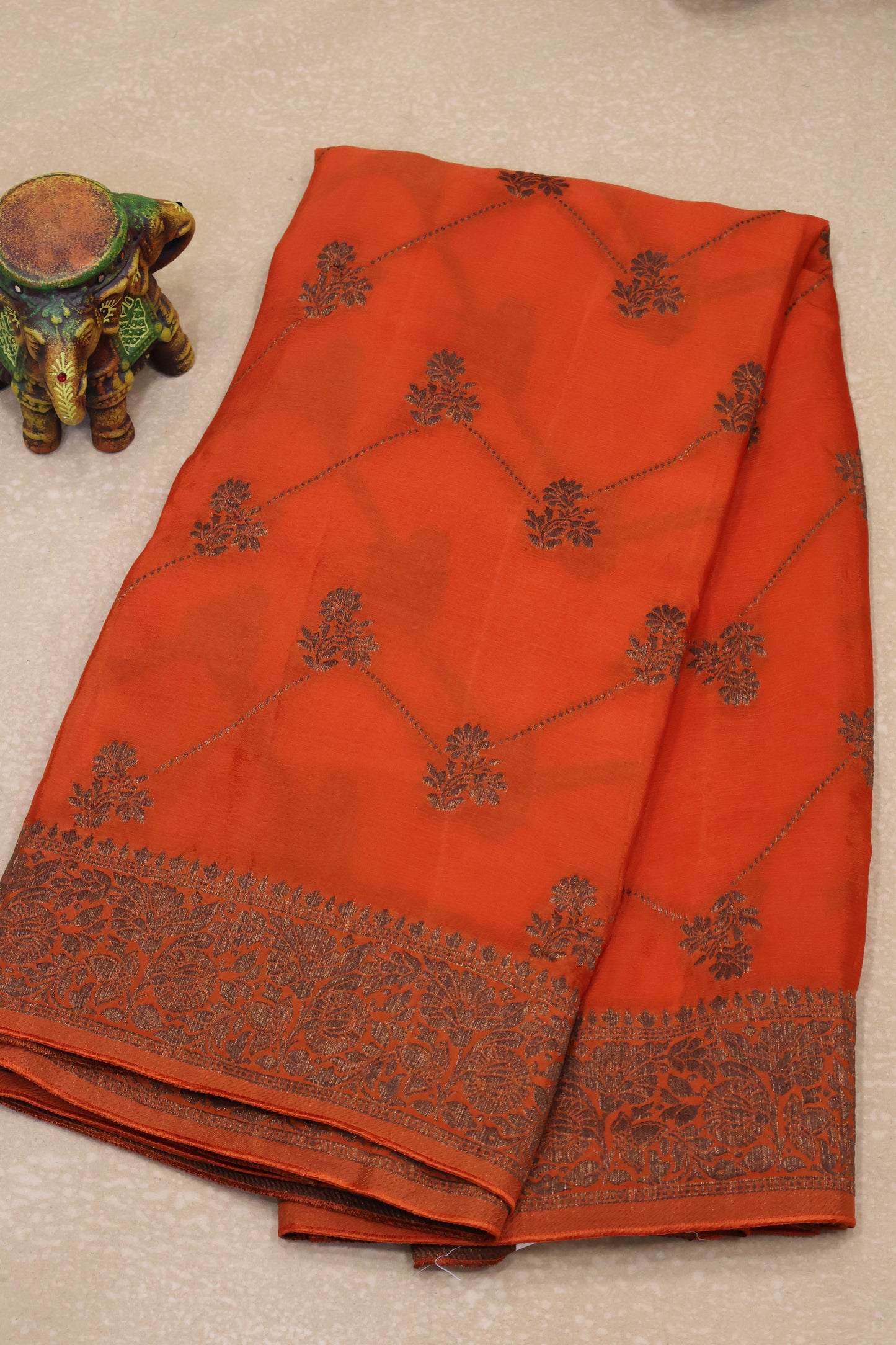 Banarasi Crepe Saree-Orange Zig Zag Flower Border