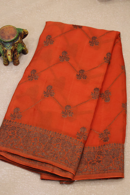 Banarasi Crepe Saree-Orange Zig Zag Flower Border