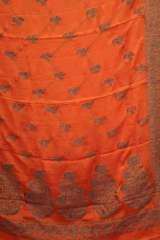 Banarasi Crepe Saree-Orange Zig Zag Flower Border