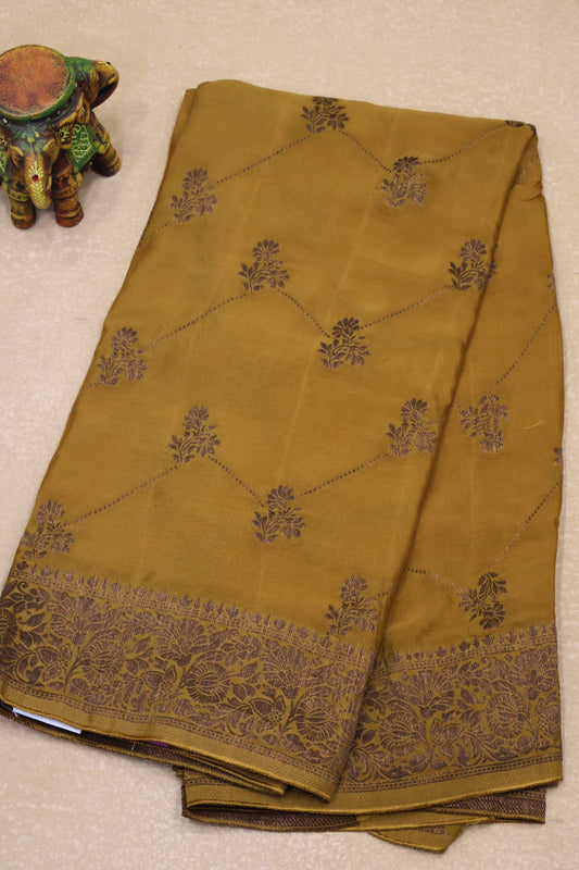 Banarasi Crepe Saree-Golden Brown Zig Zag Flower Border