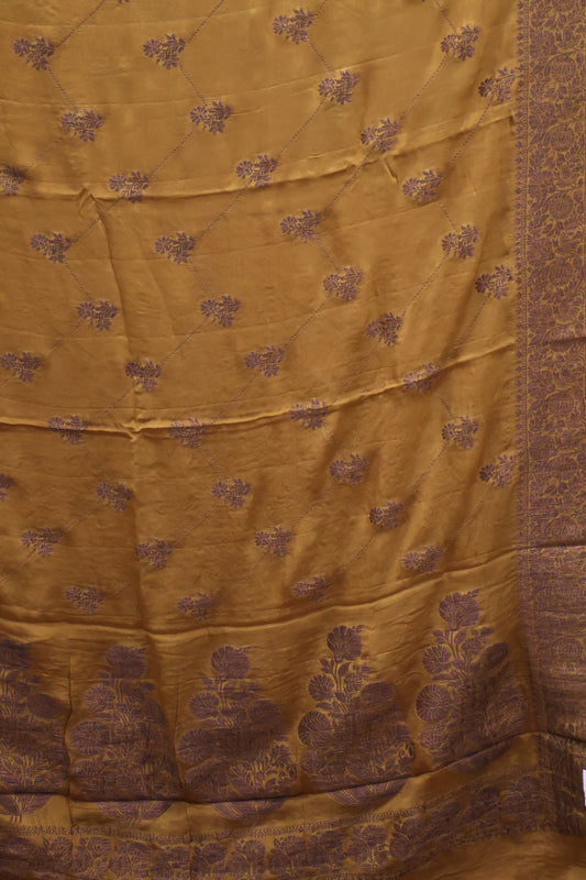 Banarasi Crepe Saree-Golden Brown Zig Zag Flower Border