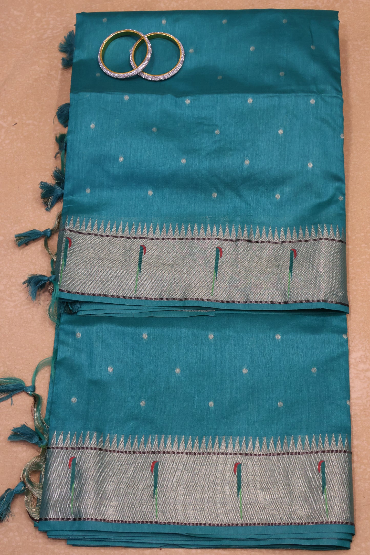 Semi Raw Silk Saree-Green Round Buta