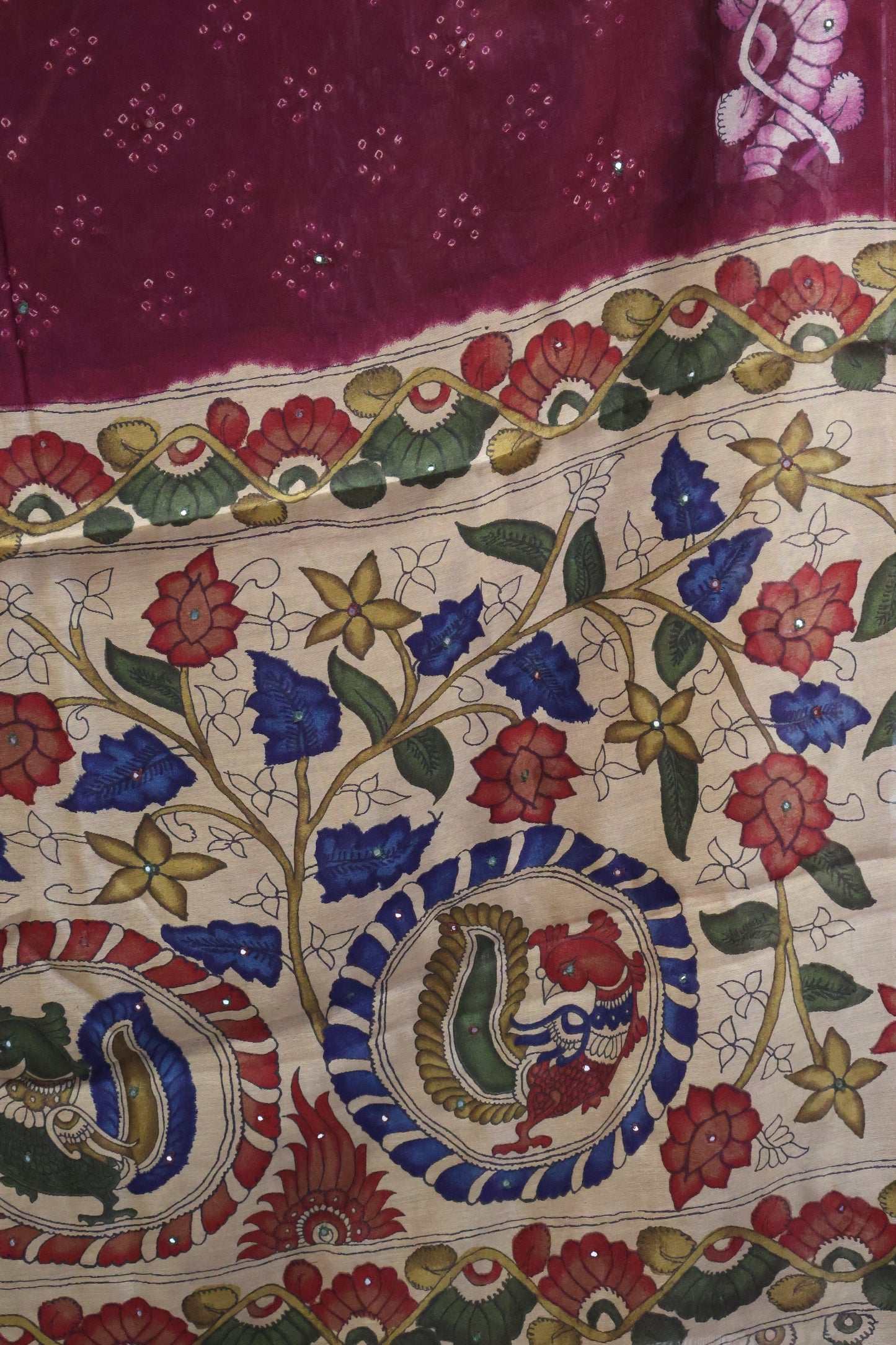 Linen Chanderi Saree-Maroon Bandini Mirror Work