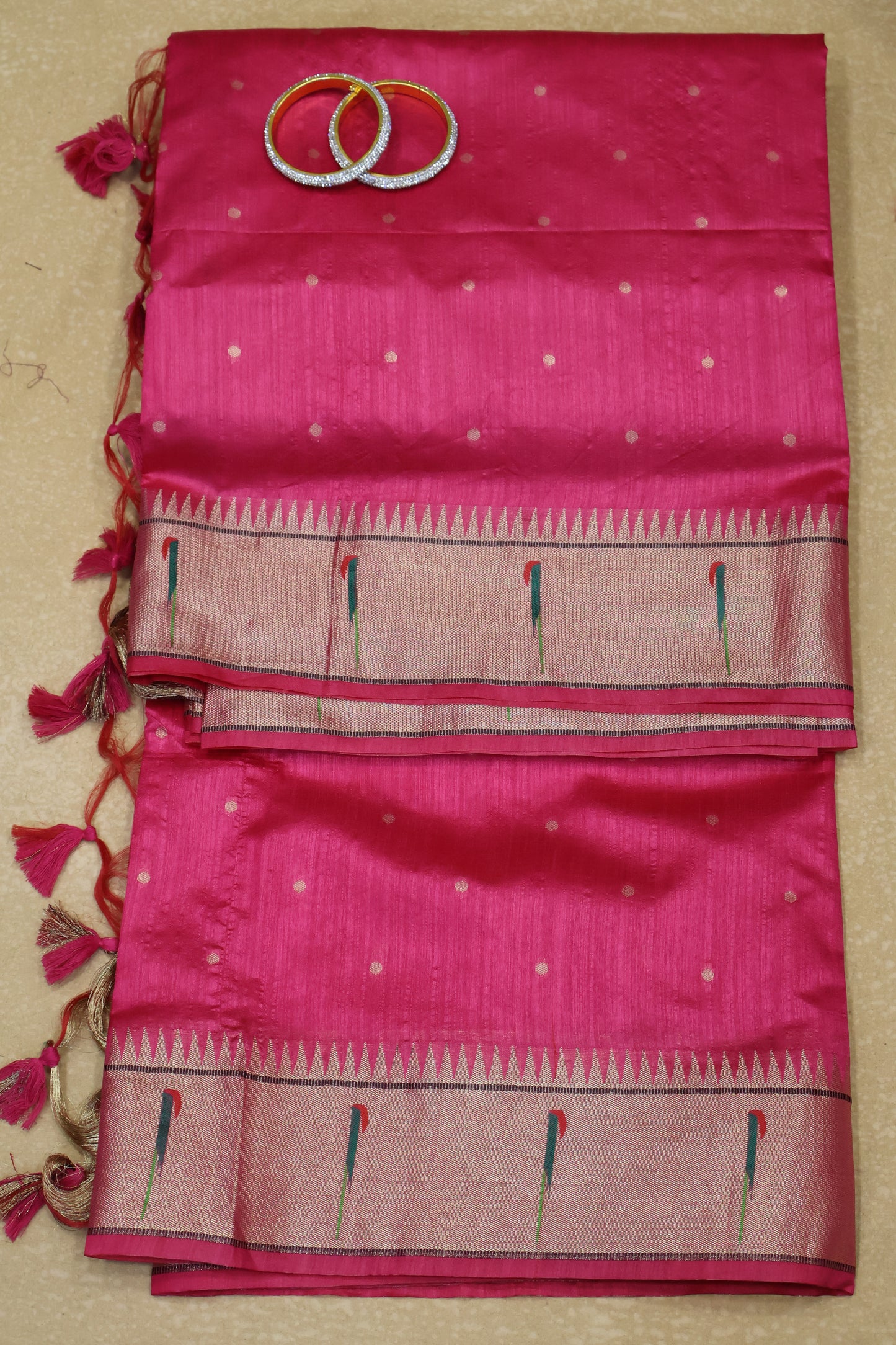 Semi Raw Silk Saree-Rani Pink Round Buta