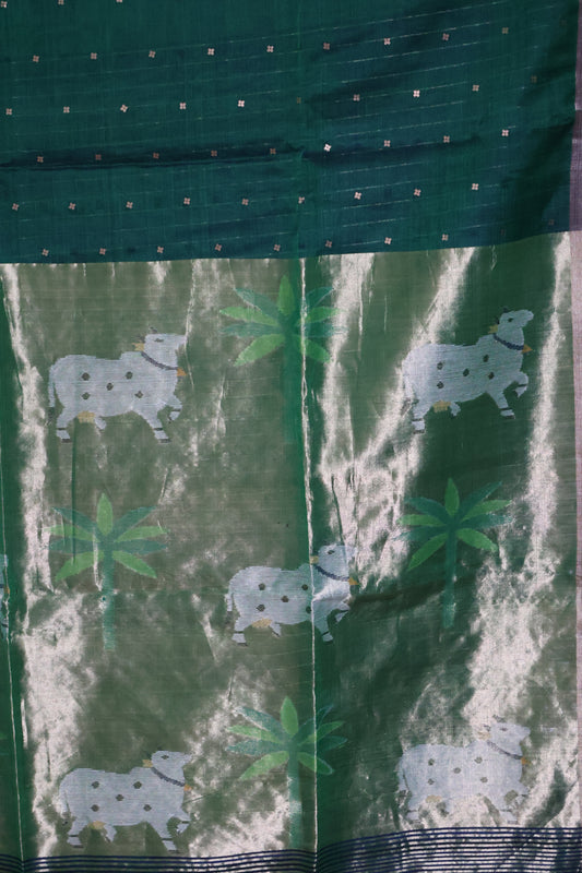 Pure Muslin Silk Saree-Bottle Green Pichwai Print