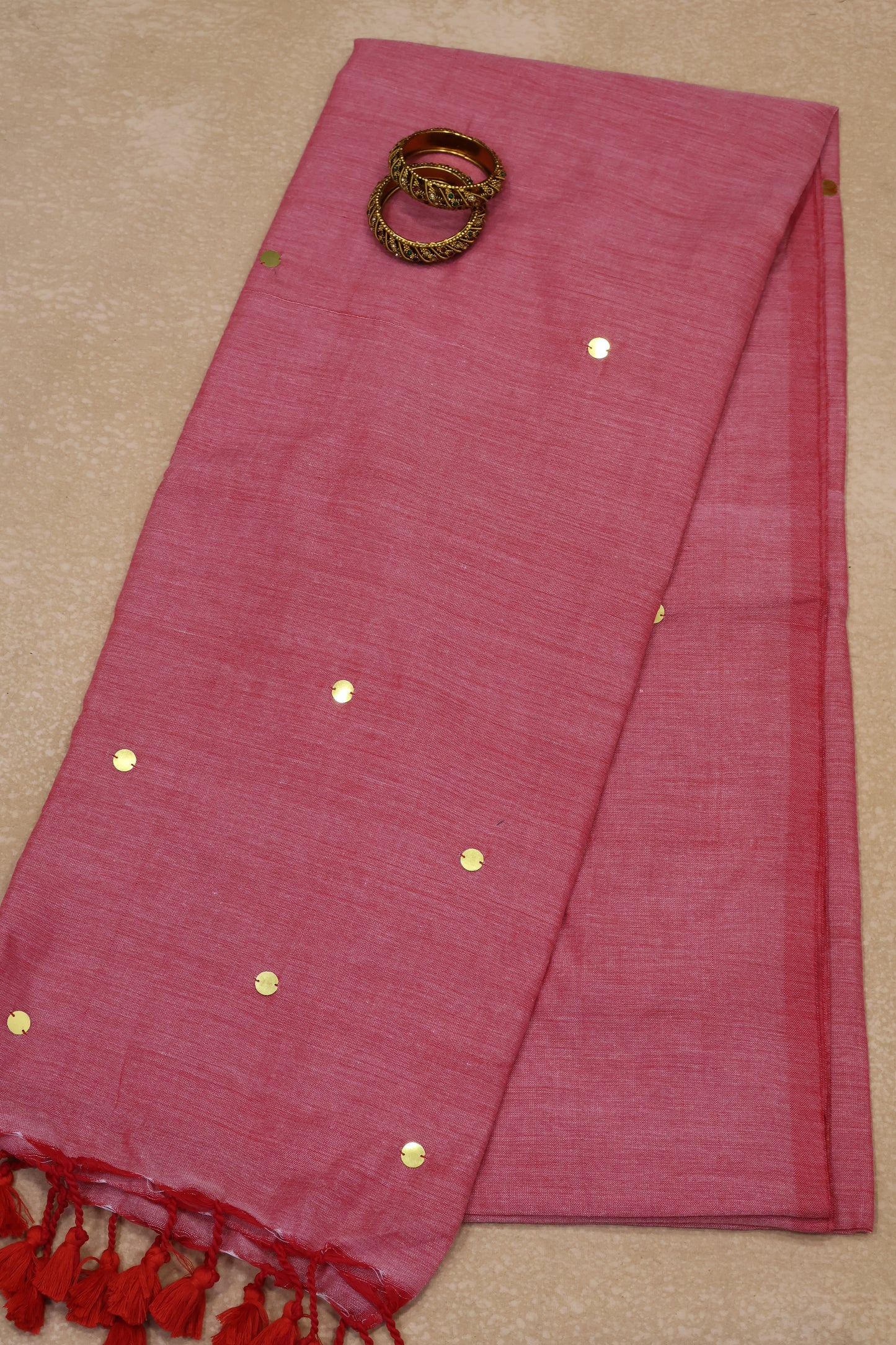 Khadi Cotton Saree -Coral Red Chumki