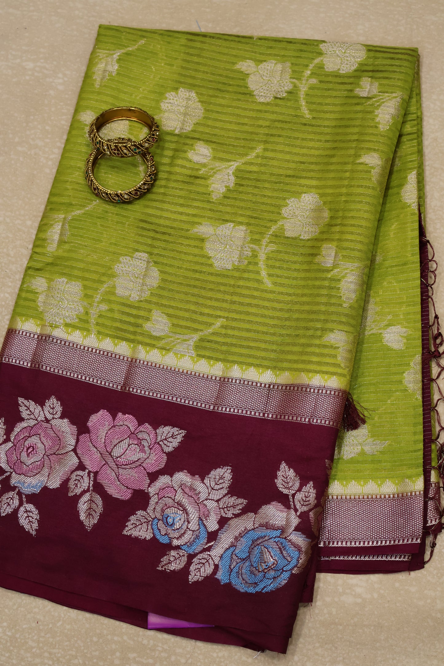 Banarasi Worm  Silk Saree-Mehndi Green Hibiscus