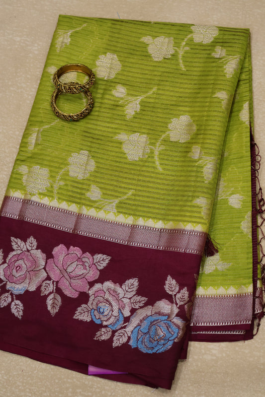 Banarasi Worm  Silk Saree-Mehndi Green Hibiscus