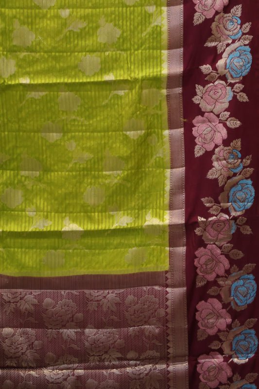 Banarasi Worm  Silk Saree-Mehndi Green Hibiscus