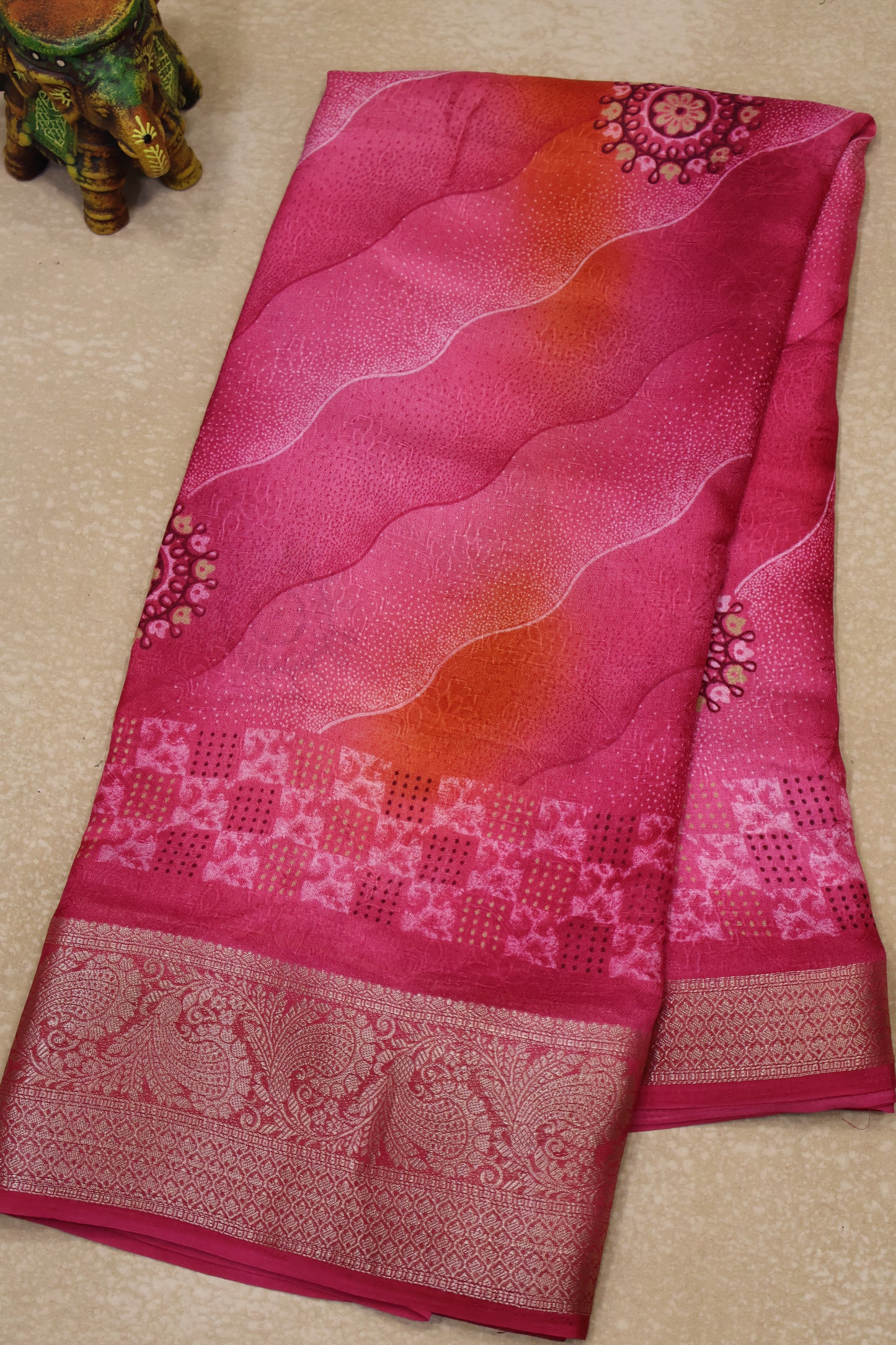 Shiffon Saree-Green Sindoor Wavy Border