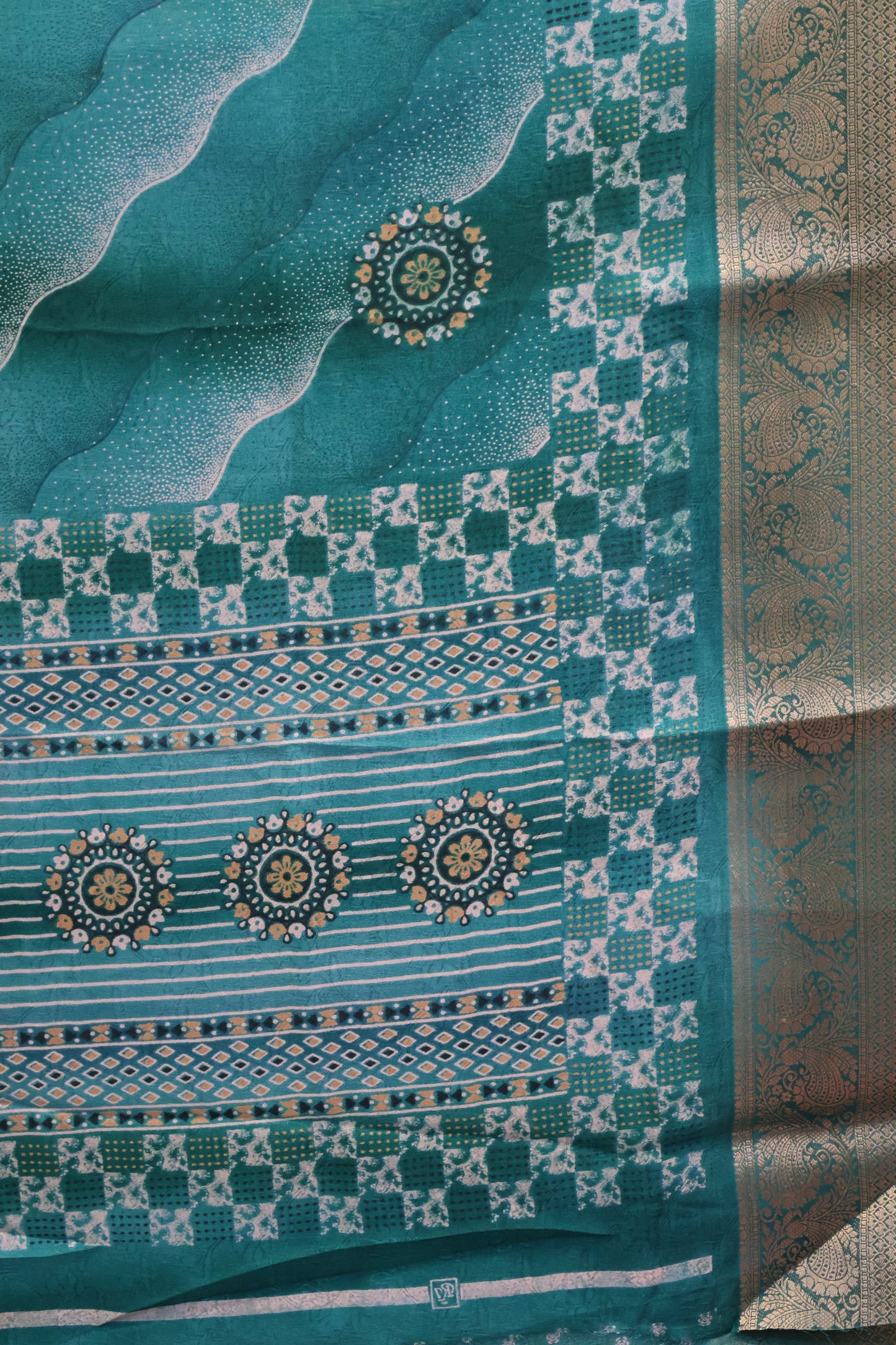 Shiffon Saree-Aqua Blue Sindoor Wavy Border