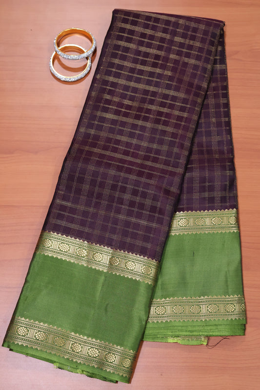 Pure Kanjivaram Silk Saree - Wine Zari Check
