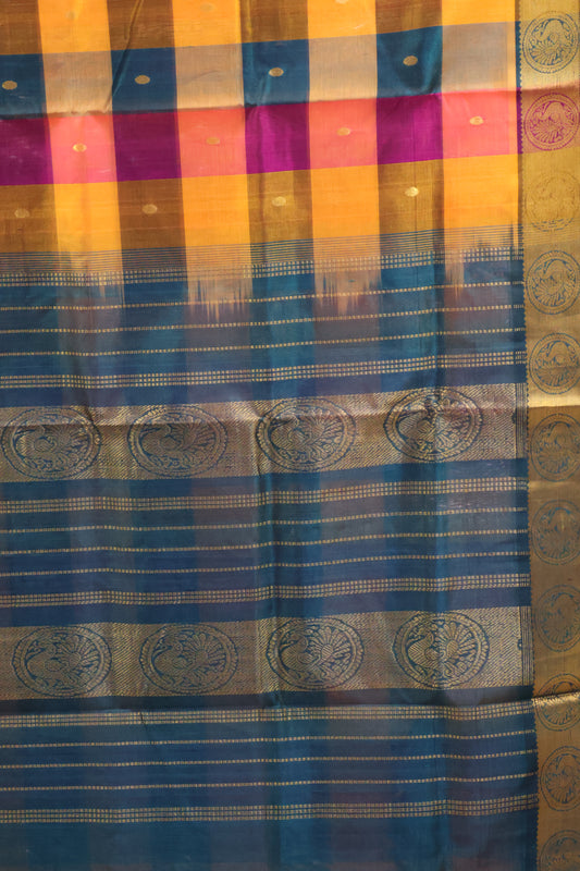 Pure Silk Cotton Saree-Peacock Blue Big Colour Checks