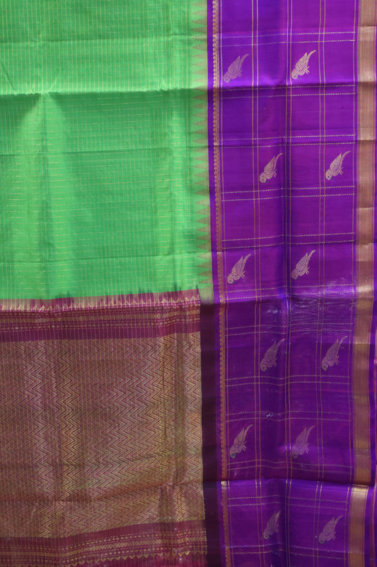 Pure Silk Cotton Saree-Green Zari Small Checks