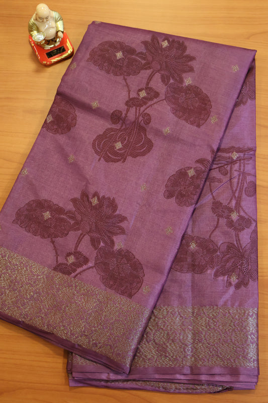 Pure Tussar Silk Saree -Purple Lotus Design