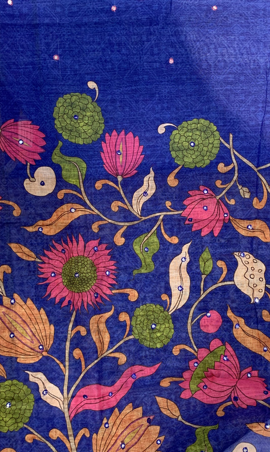 Linen Saree - Mirror Work Floral Pattern Blue