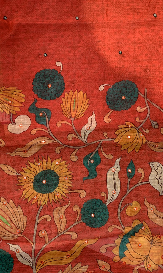 Linen Saree - Mirror Work Floral Pattern Red