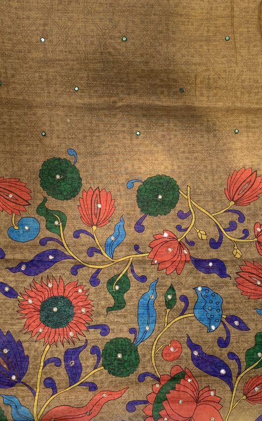 Linen Saree - Mirror Work Floral Pattern Brown