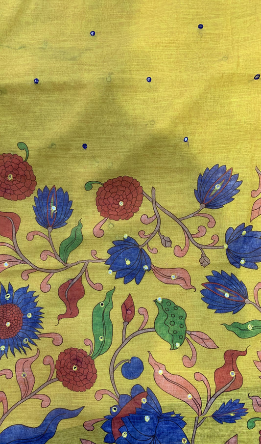 Linen Saree - Mirror Work Floral Pattern Yellow