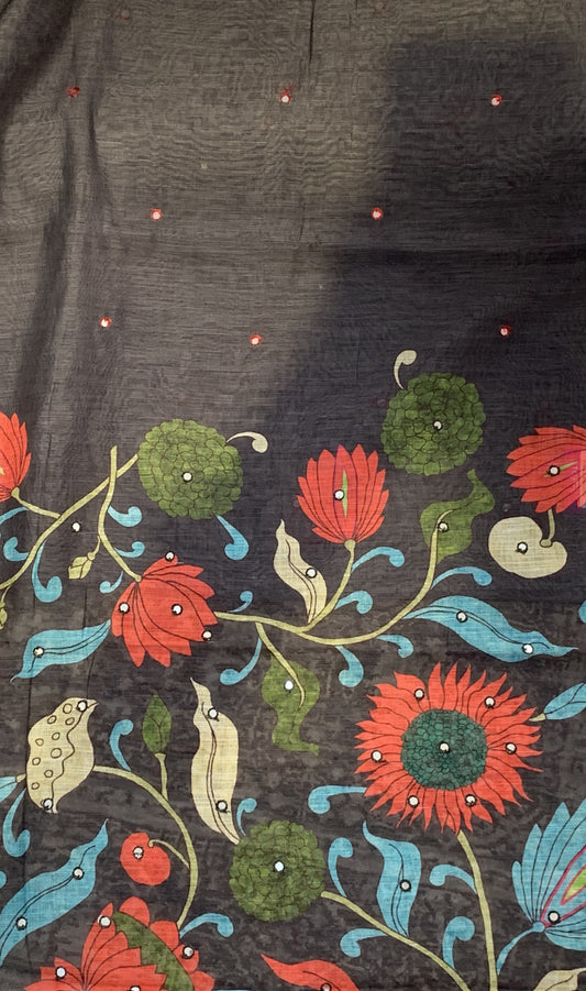Linen Saree - Mirror Work Floral Pattern Black