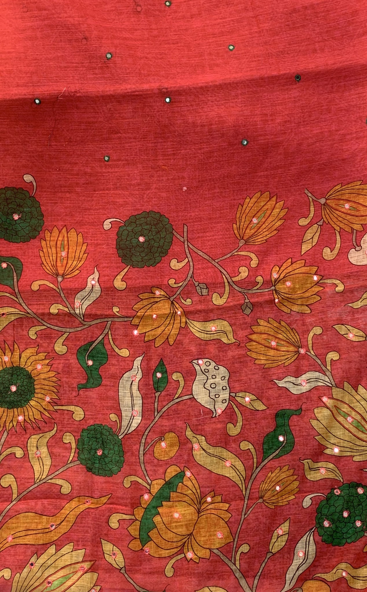 Linen Saree - Mirror Work Floral Pattern Pink