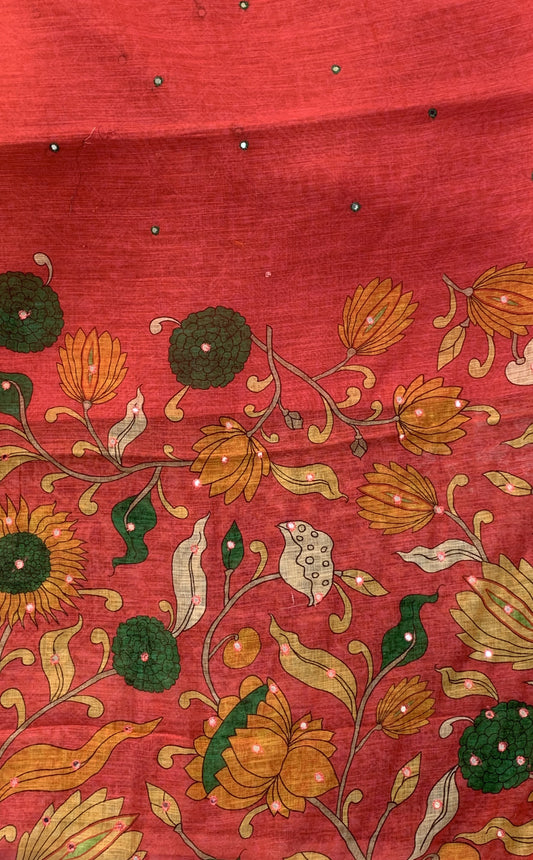 Linen Saree - Mirror Work Floral Pattern Pink