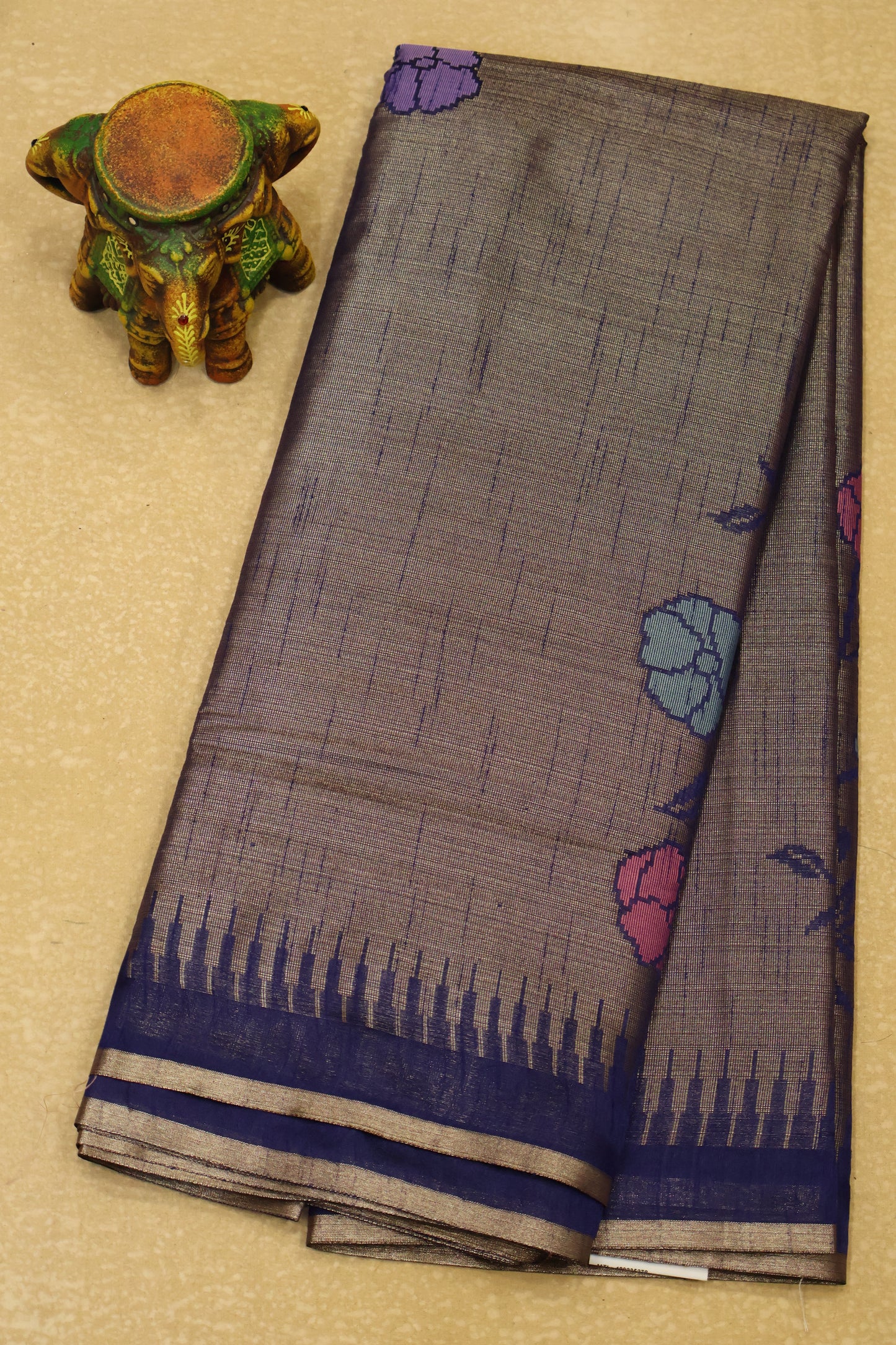 Tissue Silk Saree-Blue Flower Tower Border