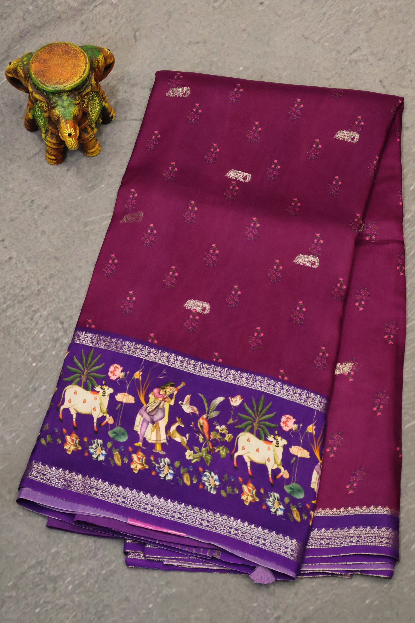 Pure Dola Silk Saree-Wine-Purple Elephant