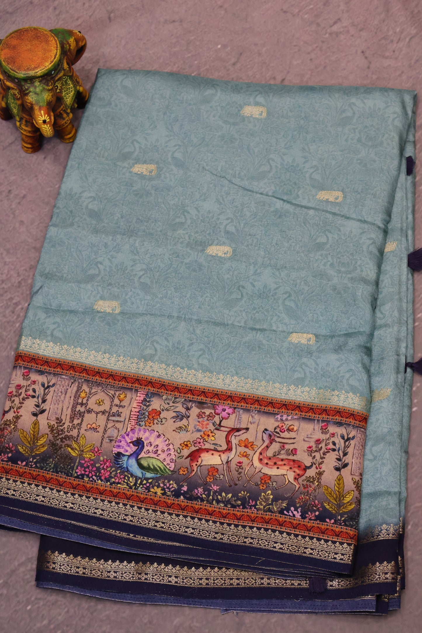 Pure Dola Silk Saree-Sea Green Twin Deer Print