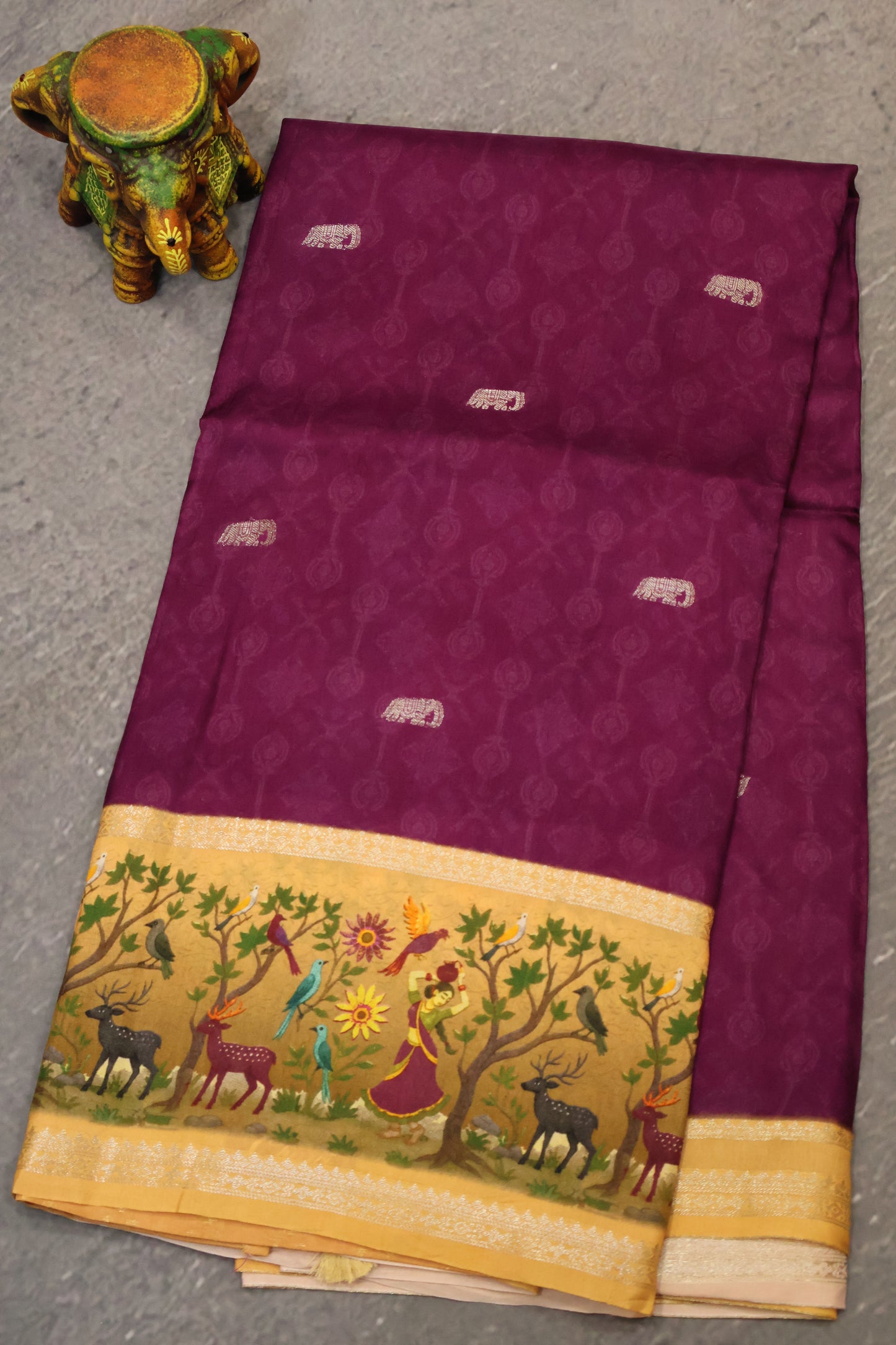 Pure Dola Silk Saree-Wine-Baby-Orange Elephant