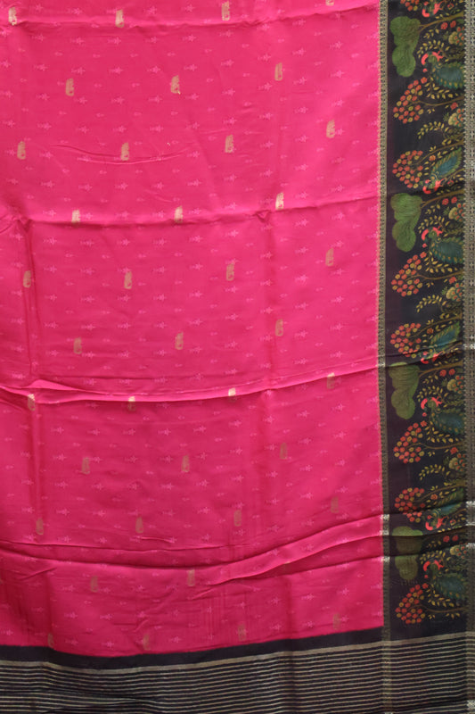 Pure Dola Silk Saree-Rani Pink-Black Elephant
