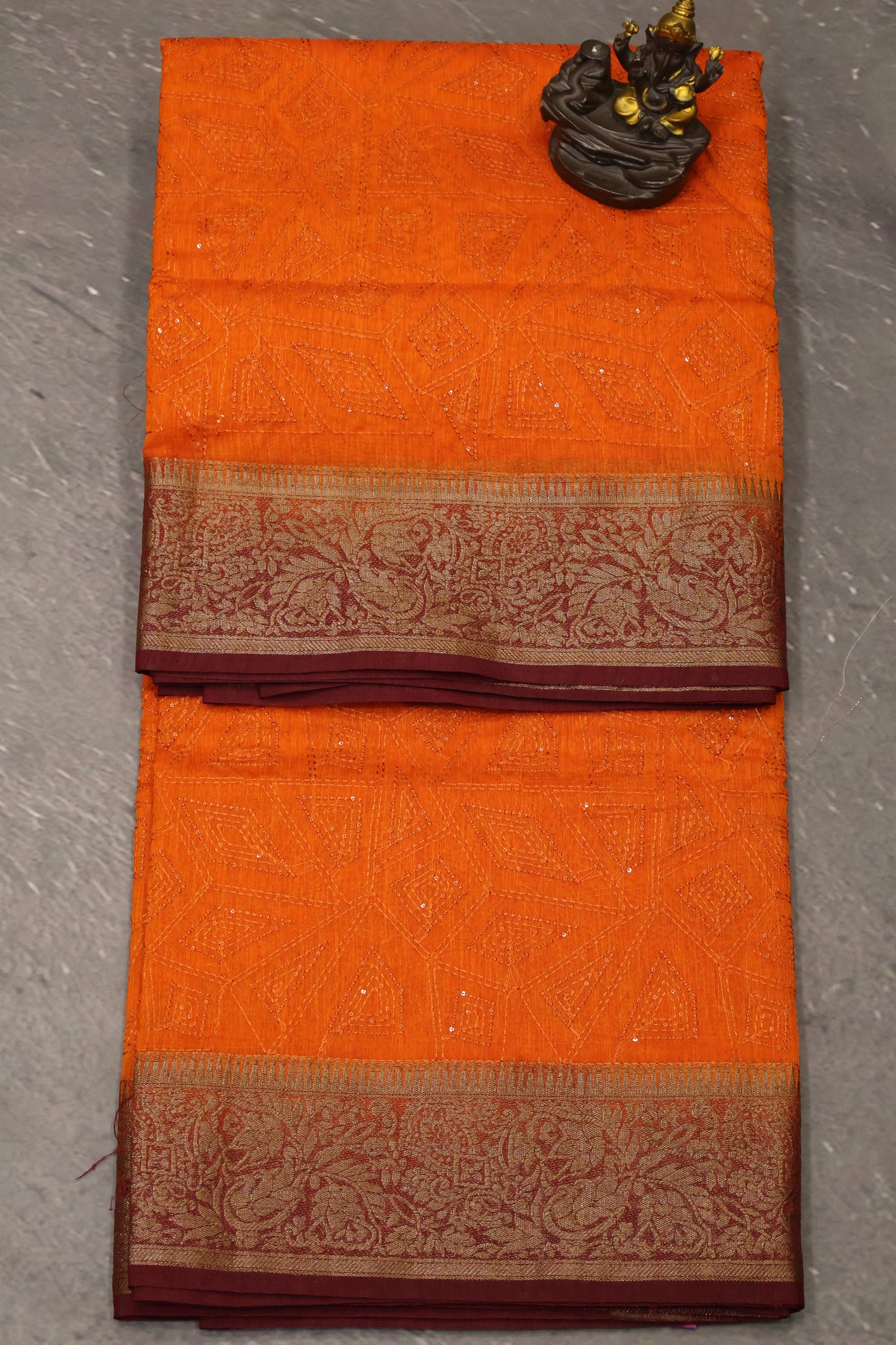 Bamboo Silk Saree-Bright Orange Sequence Work