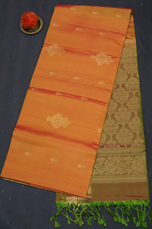Pure Soft Silk Saree -Orange-Olive Jacqua