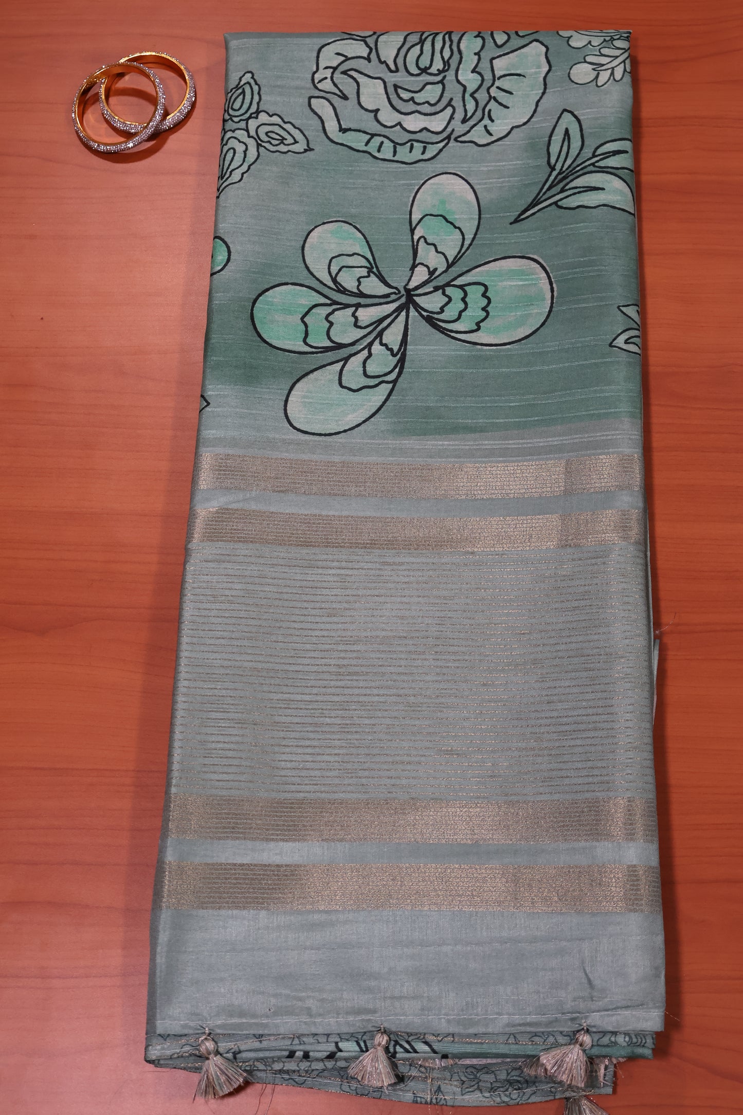 Tussar Saree-Green Floral Tin Border