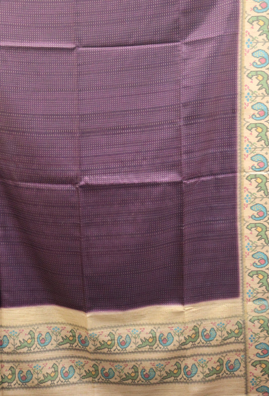 Semi Raw Silk Saree -Dark Purple Zari Dot Lines