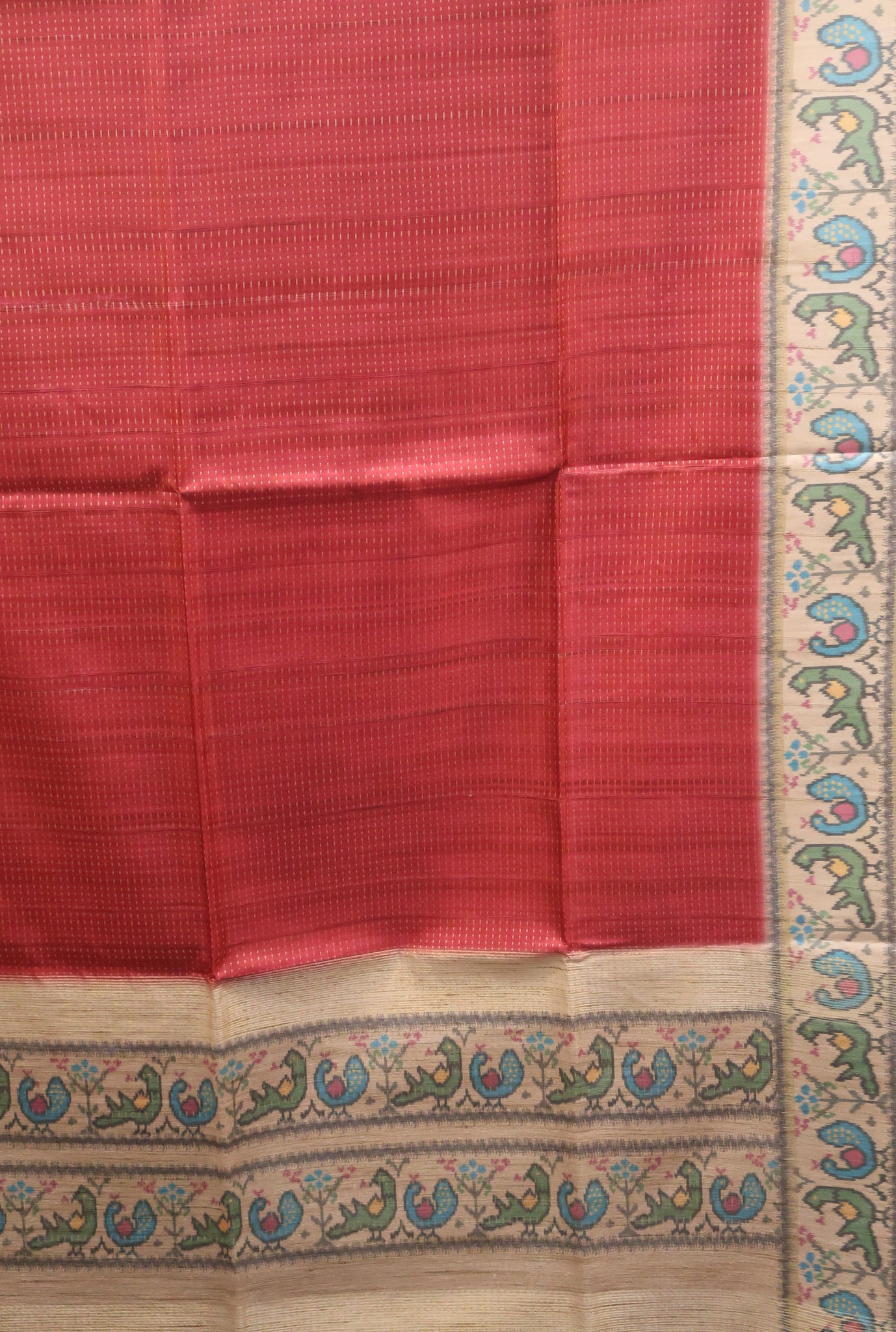 Semi Raw Silk Saree -Red Zari Dot Lines