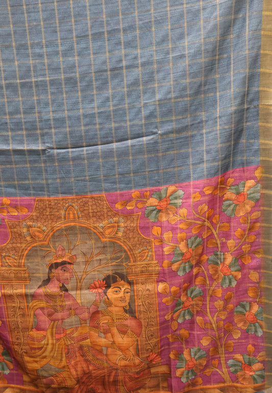 Semi Tussar Saree -Blue Rukmini Print