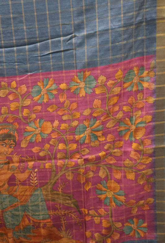 Semi Tussar Saree -Blue Bansuri Print