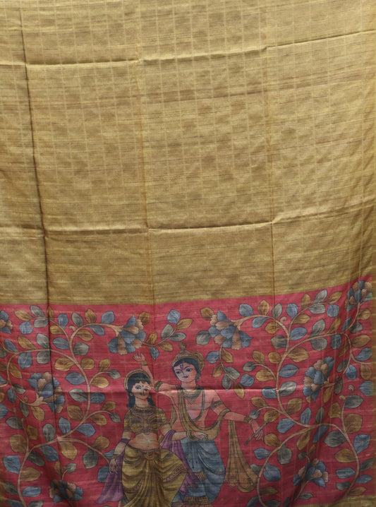 Semi Tussar Saree - Radha Krishna Print Mustard