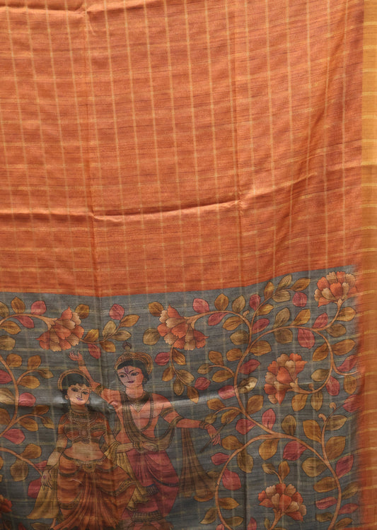Semi Tussar Saree - Radha Krishna Print Honey